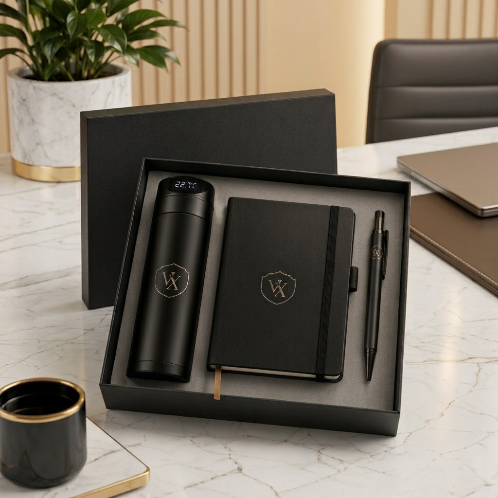 Kit Executive Minimalist com garrafa térmica, caderno e caneta pretos na caixa