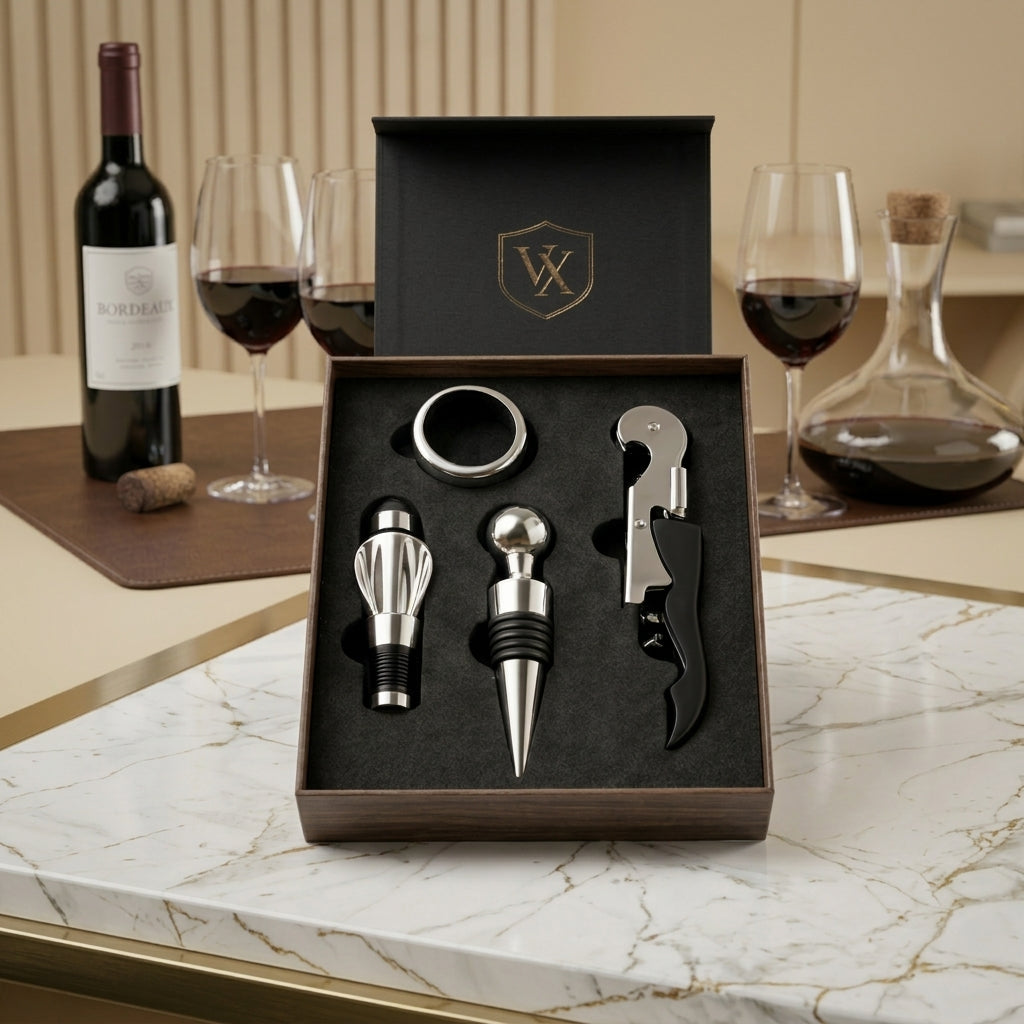 Kit Sommelier Clássico com saca-rolhas, tampa, aerador e anel na caixa