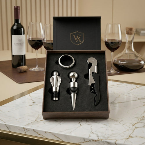 Kit Sommelier Clássico com saca-rolhas, tampa, aerador e anel na caixa